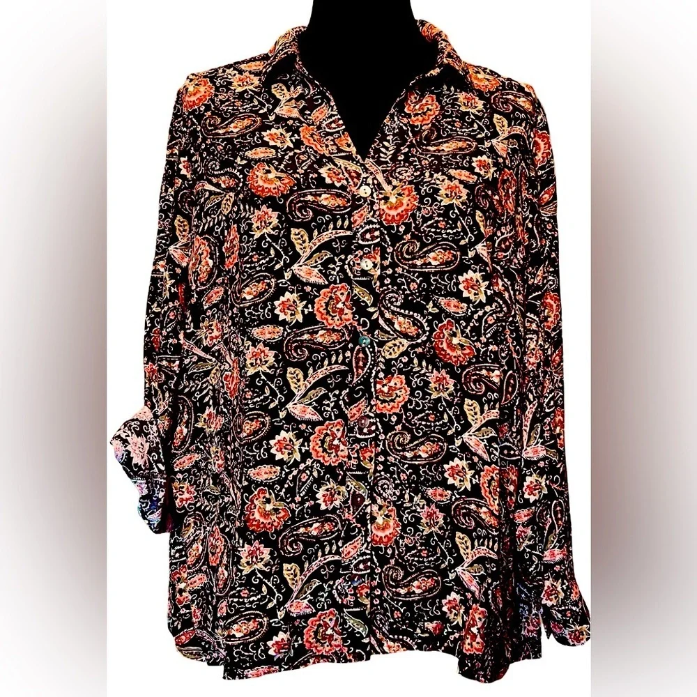 J.Jill Woman’s Button Down Long Sleeve Brown, Orange Green Paisley Medium Petite